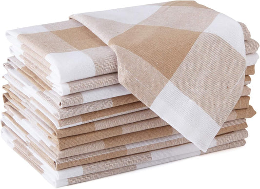 Encasa XO Cotton Cloth Napkins Set of 12, 17"x17" | Washable & Reusable Dinner Napkins Buffalo Beige Checks Table Napkins for Farmhouse, Wedding, Holiday, Party & Everyday Dining