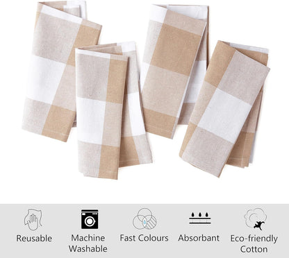 Encasa XO Cotton Cloth Napkins Set of 12, 17"x17" | Washable & Reusable Dinner Napkins Buffalo Beige Checks Table Napkins for Farmhouse, Wedding, Holiday, Party & Everyday Dining