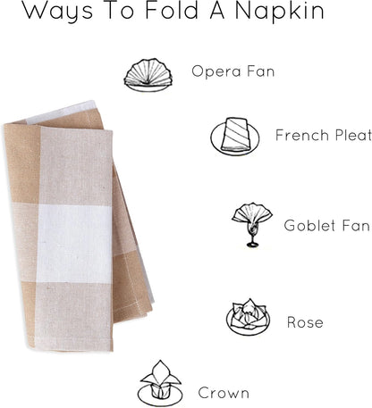 Encasa XO Cotton Cloth Napkins Set of 12, 17"x17" | Washable & Reusable Dinner Napkins Buffalo Beige Checks Table Napkins for Farmhouse, Wedding, Holiday, Party & Everyday Dining