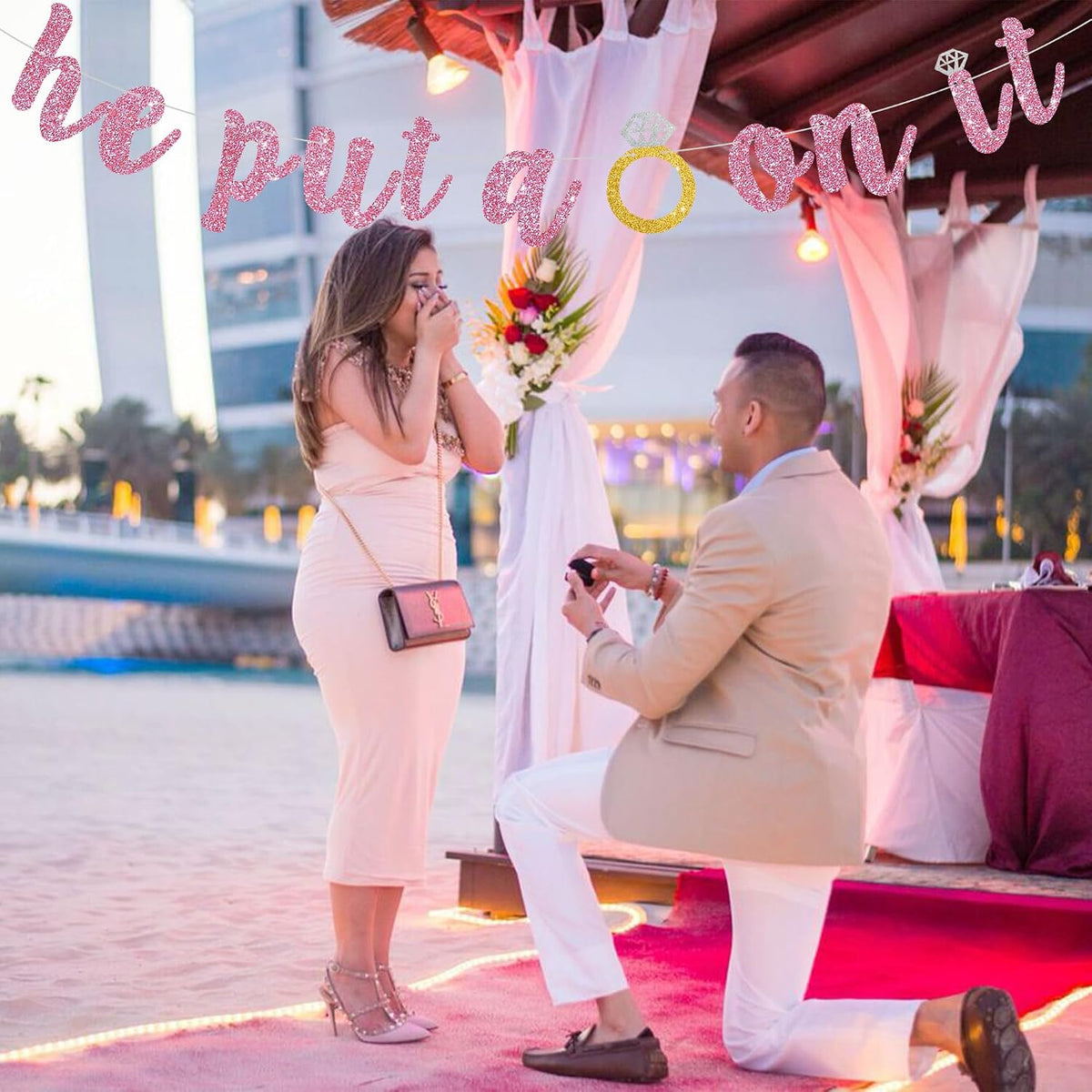 Glitter Pink He Put A Ring On It Banner Pre-Strung Engagement Decorations Bridal Wedding Party Backdrop Sign Garland Bachelorette Party Supplies,NO DIY