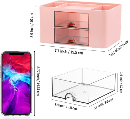 Desk Organizer with 2 Drawer, Plastic Desktop Pen Pencil Card Holder Storage Box for Desk, Office Supplies, Vanity Table Office School Home (Pink)