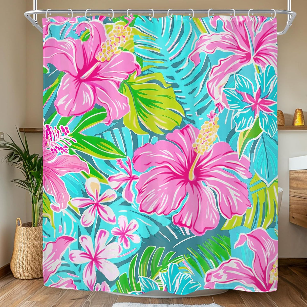 Tropical Hot Pink Floral Flowers Green Leaves Bathroom Shower Curtain Set
