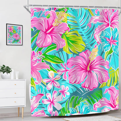 Tropical Hot Pink Floral Flowers Green Leaves Bathroom Shower Curtain Set