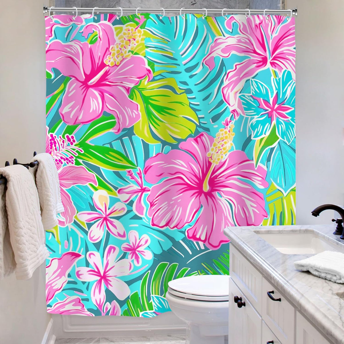 Tropical Hot Pink Floral Flowers Green Leaves Bathroom Shower Curtain Set