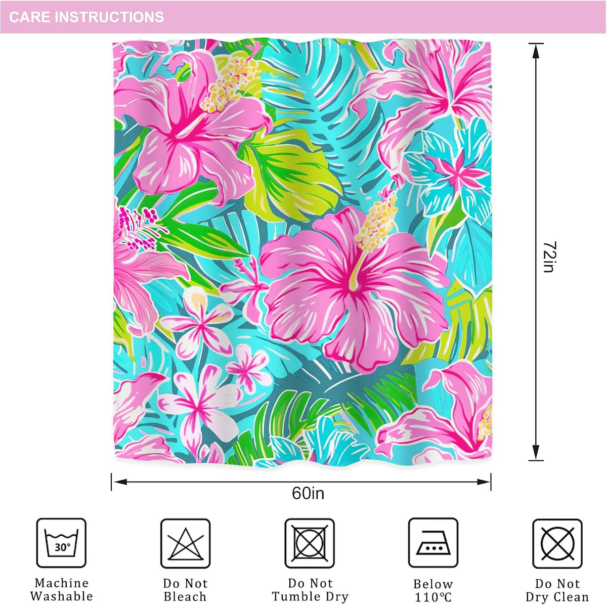 Tropical Hot Pink Floral Flowers Green Leaves Bathroom Shower Curtain Set