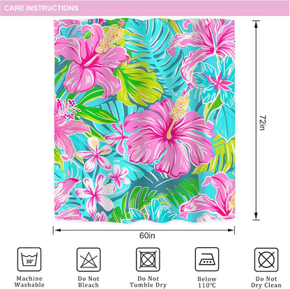 Tropical Hot Pink Floral Flowers Green Leaves Bathroom Shower Curtain Set