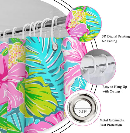 Tropical Hot Pink Floral Flowers Green Leaves Bathroom Shower Curtain Set