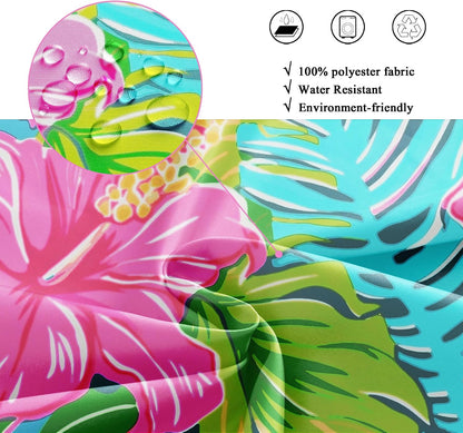Tropical Hot Pink Floral Flowers Green Leaves Bathroom Shower Curtain Set
