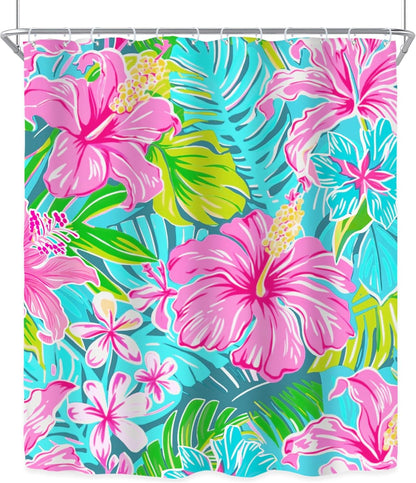 Tropical Hot Pink Floral Flowers Green Leaves Bathroom Shower Curtain Set