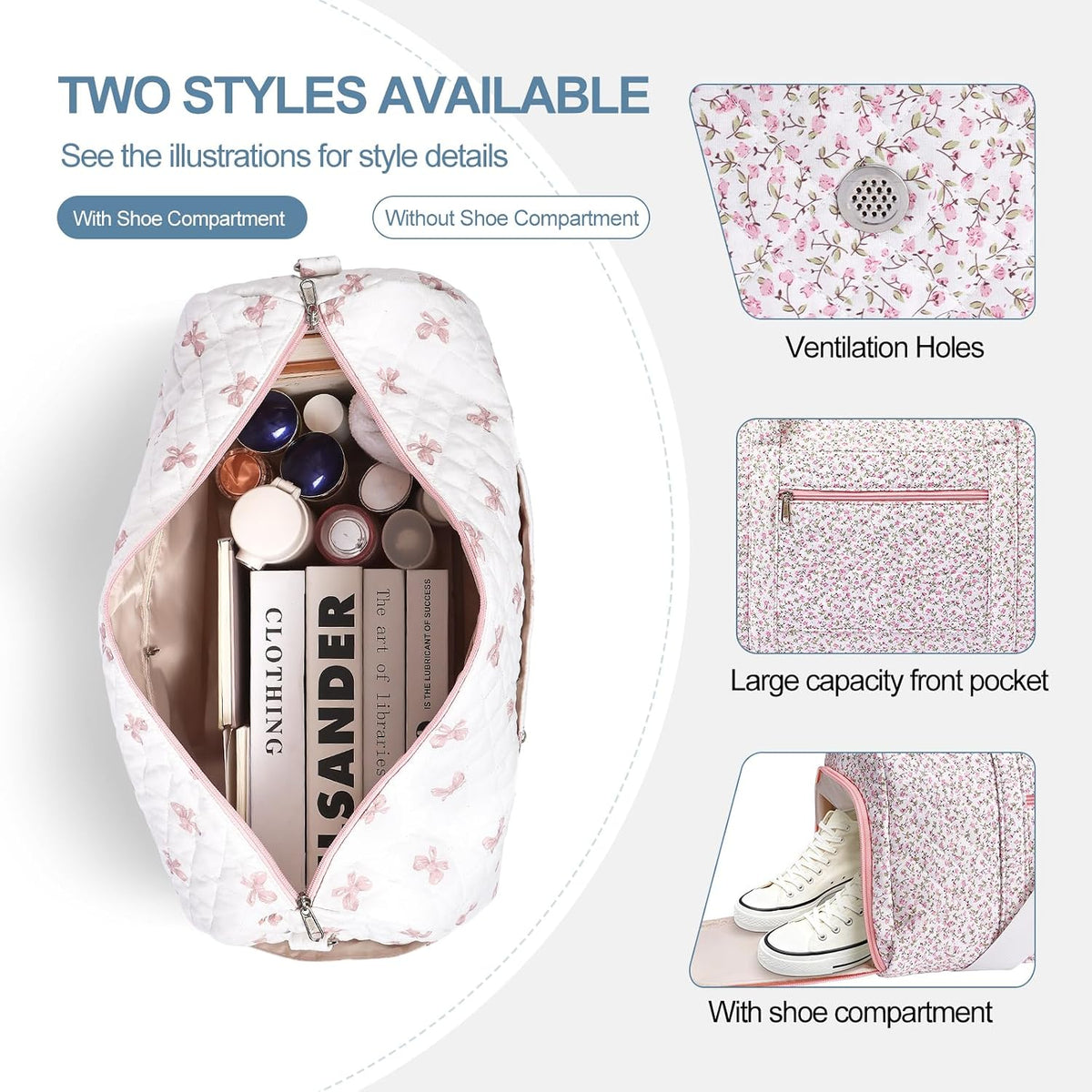 Gym Bag for Women, Cute Duffle Bag, Quilted Duffle Bag for Travel, Floral Duffle Bags, Weekend Bag with Zipper Pocket Dance Bag Organizer