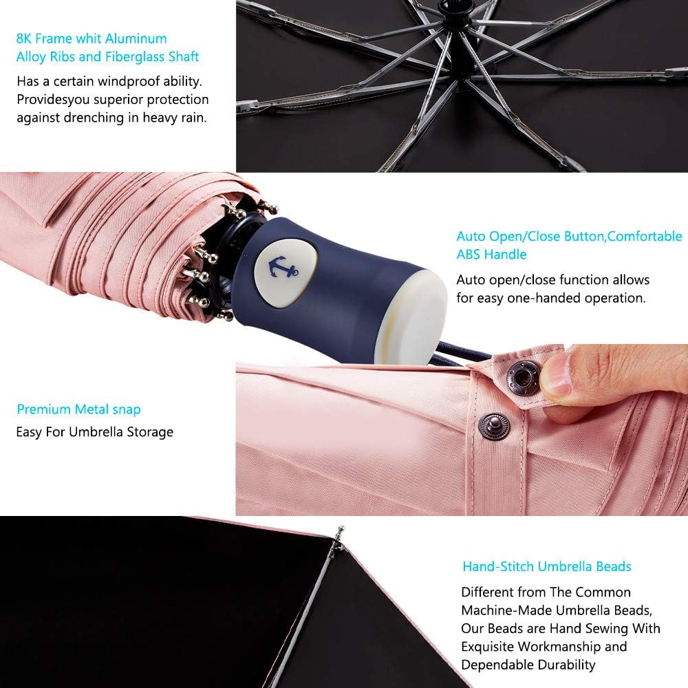 DBA Sun Umbrella Compact Folding Travel Umbrella Auto Open and Close for Windproof, Rainproof & 99.9% UV Protection Parasol with Black Anti-UV Coating