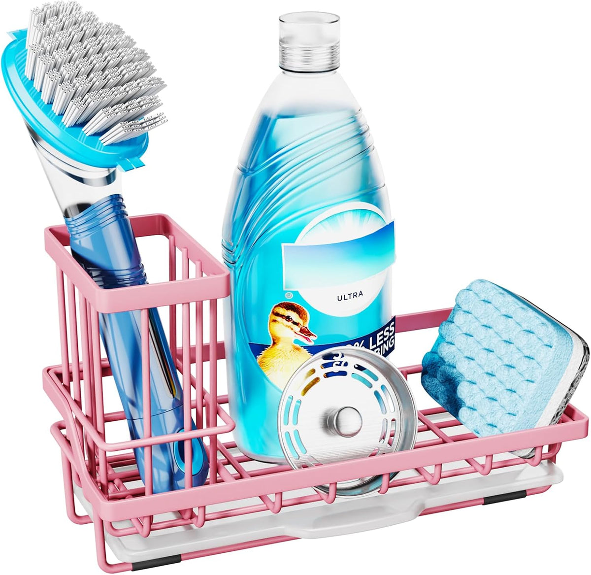 Sponge Holder for Kitchen Sink - Kitchen Sink Caddy Organizer with Removable Drip Tray for Countertop Dish Soap Dispenser Brush Storage Accessories 304 Stainless Steel, Pink