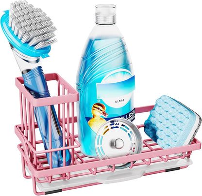 Sponge Holder for Kitchen Sink - Kitchen Sink Caddy Organizer with Removable Drip Tray for Countertop Dish Soap Dispenser Brush Storage Accessories 304 Stainless Steel, Pink