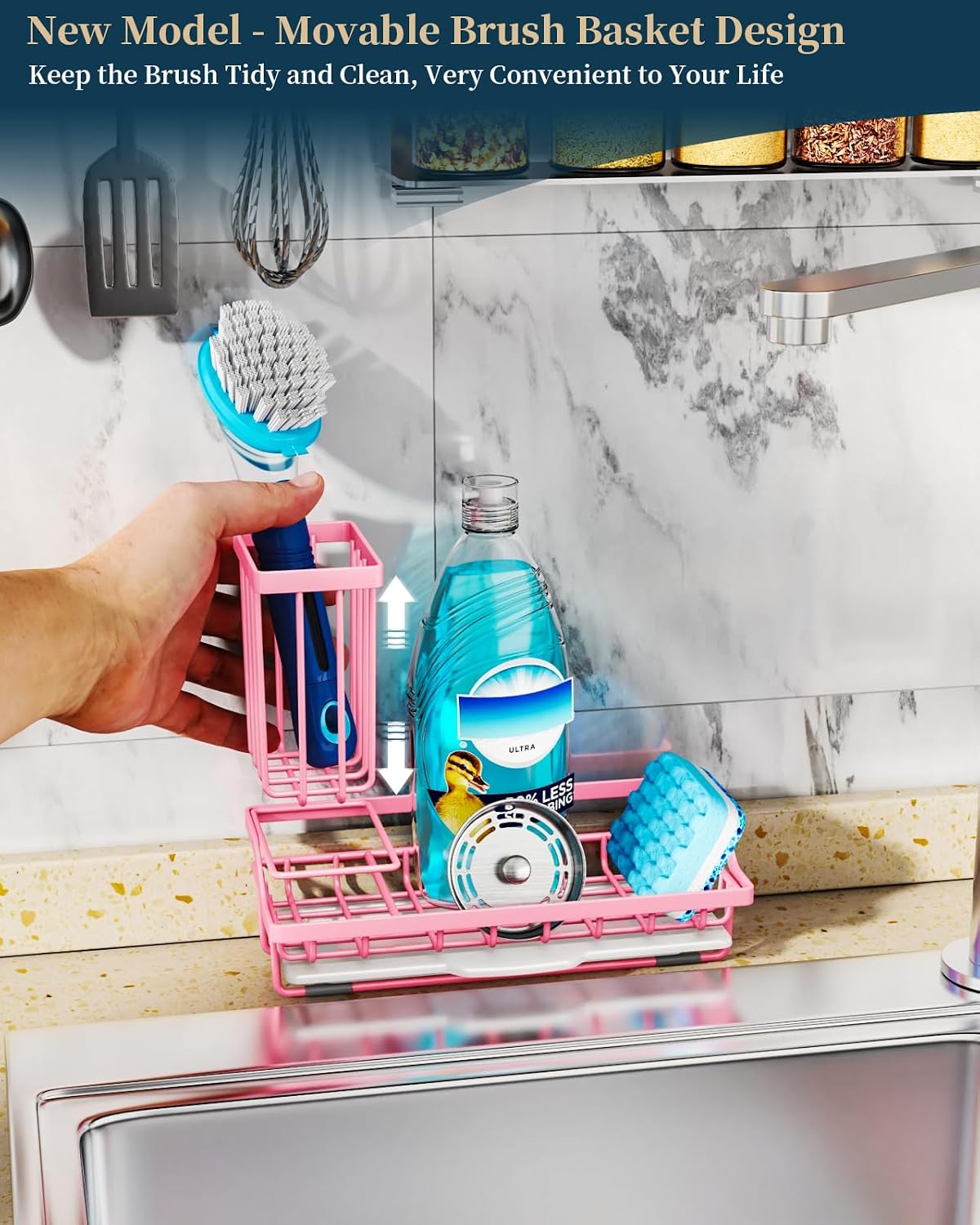 Sponge Holder for Kitchen Sink - Kitchen Sink Caddy Organizer with Removable Drip Tray for Countertop Dish Soap Dispenser Brush Storage Accessories 304 Stainless Steel, Pink