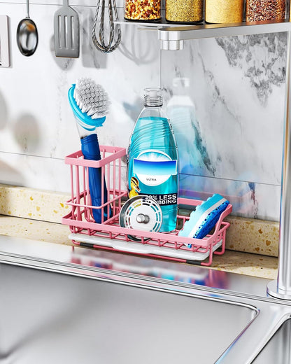 Sponge Holder for Kitchen Sink - Kitchen Sink Caddy Organizer with Removable Drip Tray for Countertop Dish Soap Dispenser Brush Storage Accessories 304 Stainless Steel, Pink