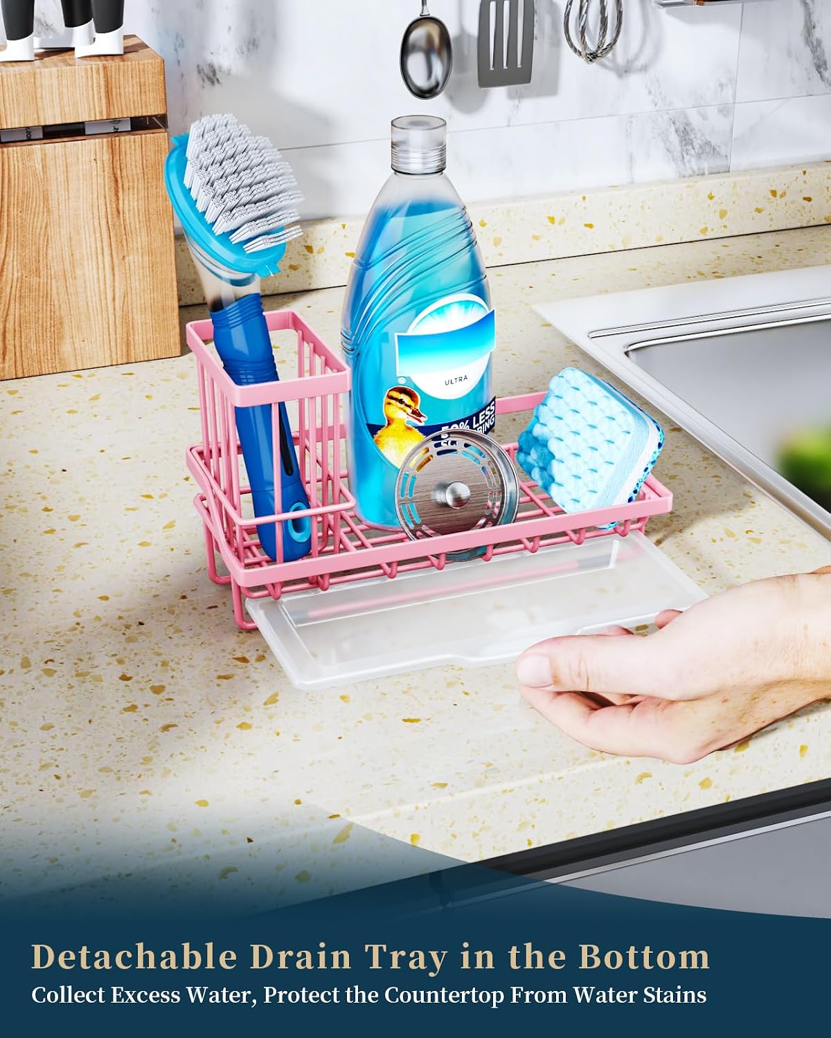 Sponge Holder for Kitchen Sink - Kitchen Sink Caddy Organizer with Removable Drip Tray for Countertop Dish Soap Dispenser Brush Storage Accessories 304 Stainless Steel, Pink