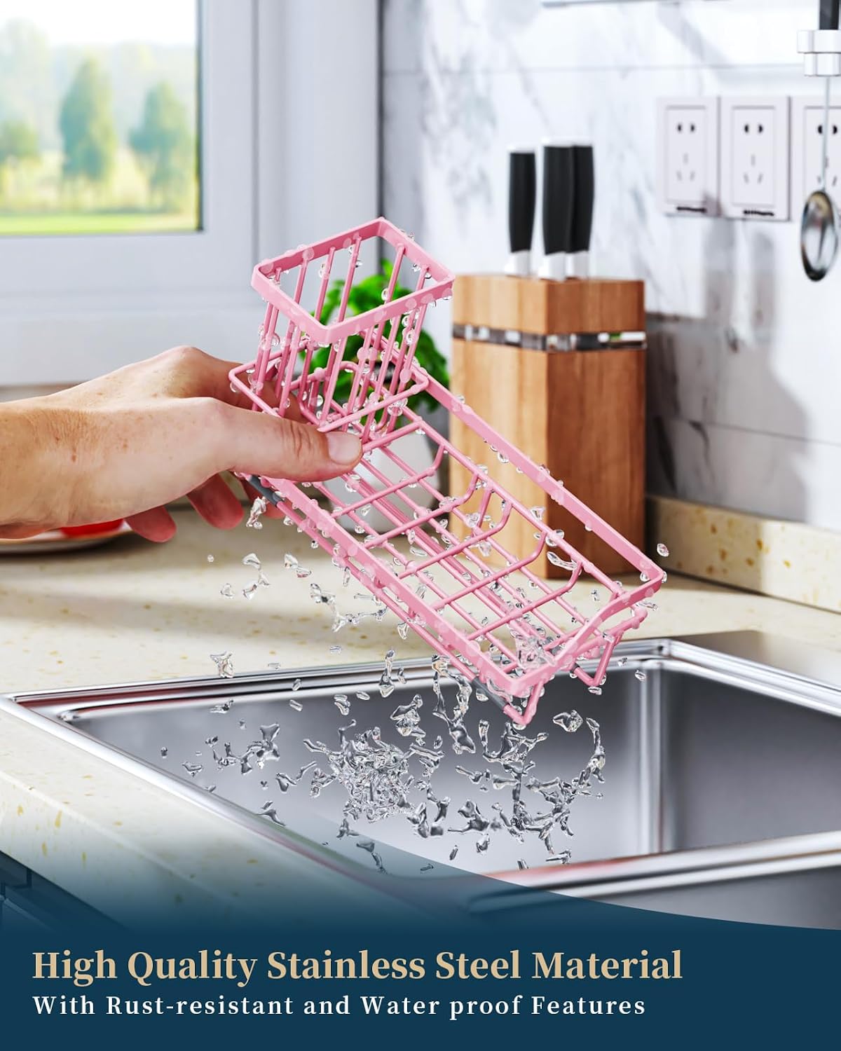 Sponge Holder for Kitchen Sink - Kitchen Sink Caddy Organizer with Removable Drip Tray for Countertop Dish Soap Dispenser Brush Storage Accessories 304 Stainless Steel, Pink