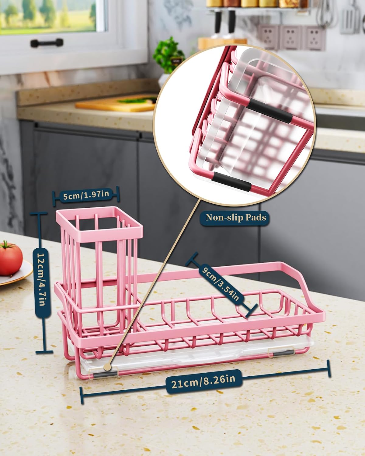 Sponge Holder for Kitchen Sink - Kitchen Sink Caddy Organizer with Removable Drip Tray for Countertop Dish Soap Dispenser Brush Storage Accessories 304 Stainless Steel, Pink