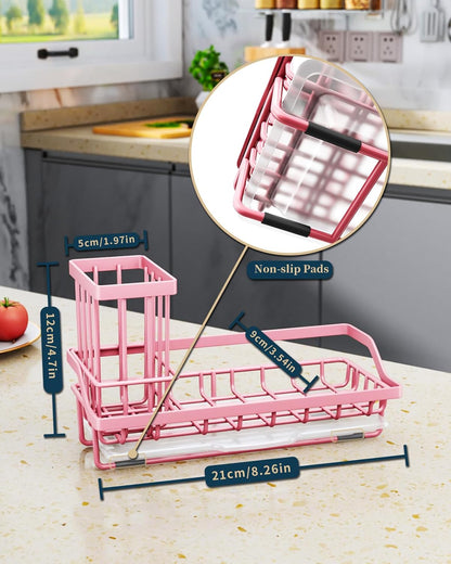 Sponge Holder for Kitchen Sink - Kitchen Sink Caddy Organizer with Removable Drip Tray for Countertop Dish Soap Dispenser Brush Storage Accessories 304 Stainless Steel, Pink