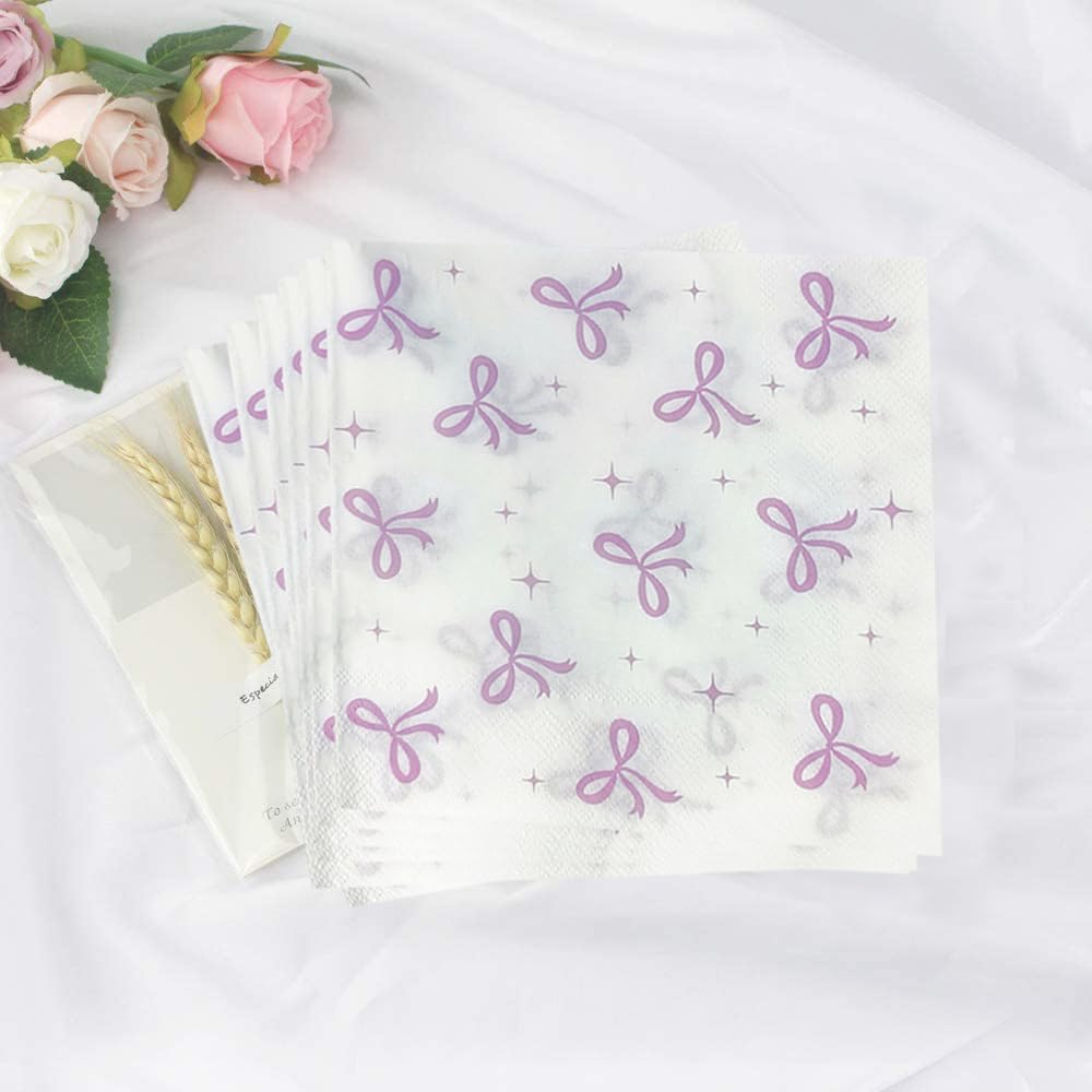 100Pcs Pink Bow Cocktail Napkins Conquette Birthday Decorations Napkins Pink Bow Dessert Napkins For Pink Bow Theme Bachelorette Bridal Baby Shower Bow Girl Birthday Party Decor (White)