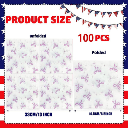 100Pcs Pink Bow Cocktail Napkins Conquette Birthday Decorations Napkins Pink Bow Dessert Napkins For Pink Bow Theme Bachelorette Bridal Baby Shower Bow Girl Birthday Party Decor (White)