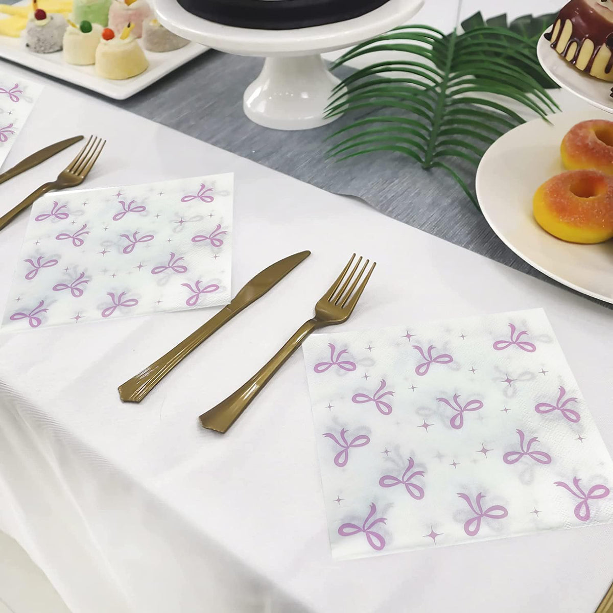 100Pcs Pink Bow Cocktail Napkins Conquette Birthday Decorations Napkins Pink Bow Dessert Napkins For Pink Bow Theme Bachelorette Bridal Baby Shower Bow Girl Birthday Party Decor (White)