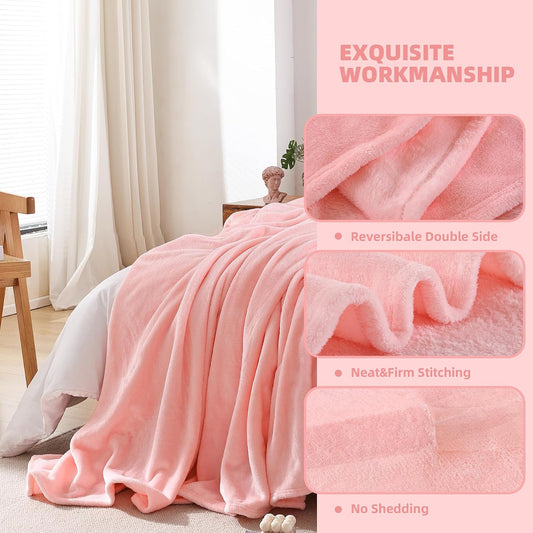 Pink Fleece Throw Blanket 50"x60" Reversible Design for Sofa,Soft Cozy