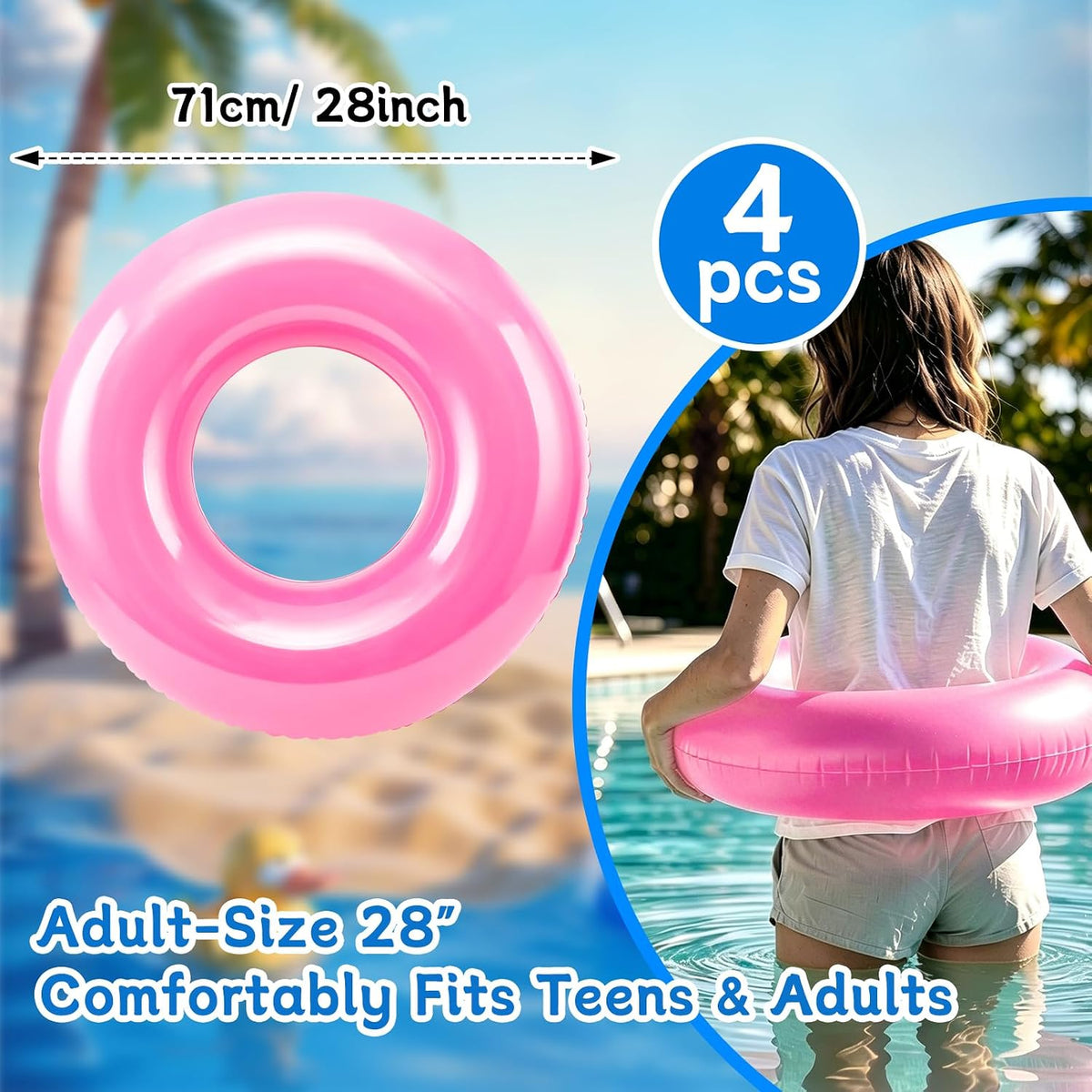 4 Pcs 28" Pink Inflatable Pool Float, Summer Beach Party for Adult
