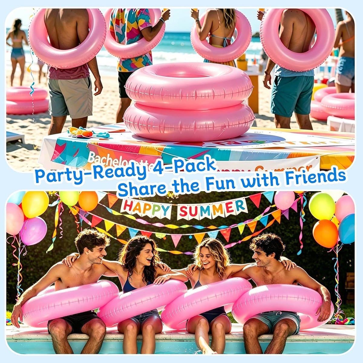 4 Pcs 28" Pink Inflatable Pool Float, Summer Beach Party for Adult