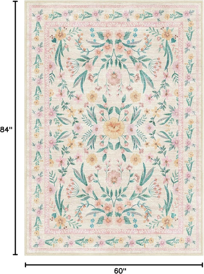 5x7 Pink Floral Nursery Rug,Pink Rugs for Bedroom Girls,Machine Washable Non Slip Soft Faux Wool Carpet,Cute Boho Indoor Area Rugs for Kids Room or Playroom