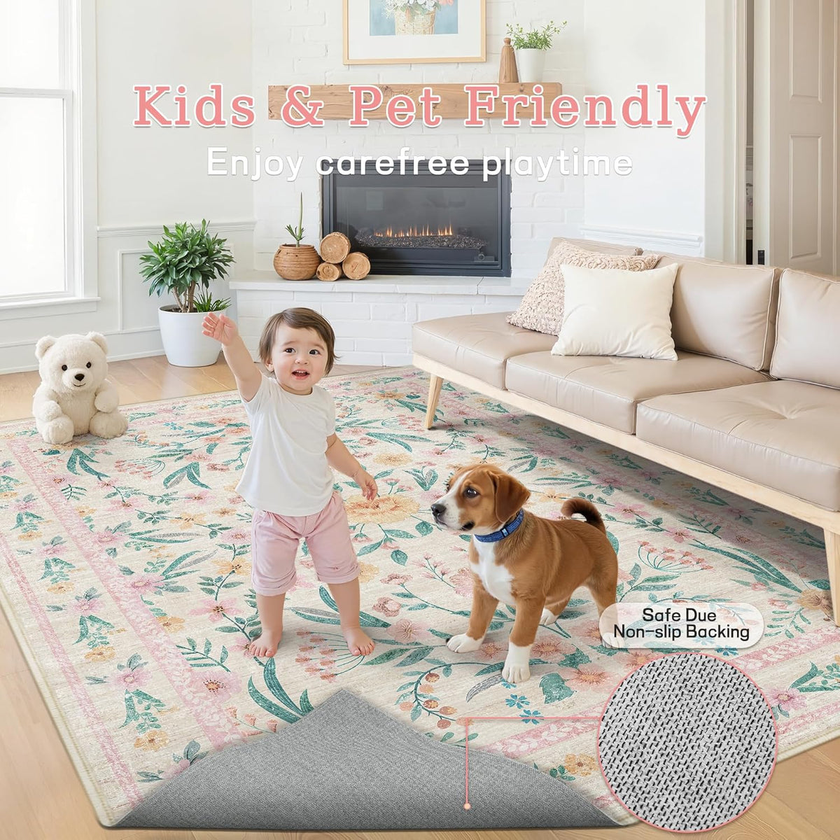 5x7 Pink Floral Nursery Rug,Pink Rugs for Bedroom Girls,Machine Washable Non Slip Soft Faux Wool Carpet,Cute Boho Indoor Area Rugs for Kids Room or Playroom