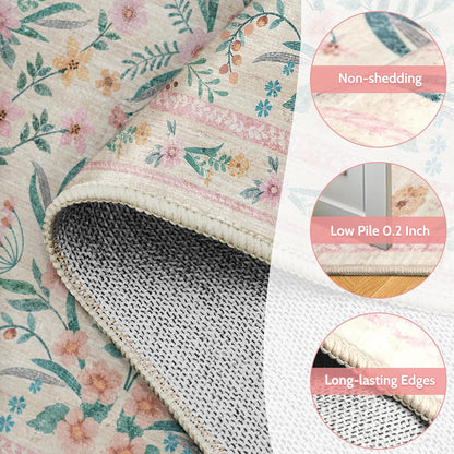 5x7 Pink Floral Nursery Rug,Pink Rugs for Bedroom Girls,Machine Washable Non Slip Soft Faux Wool Carpet,Cute Boho Indoor Area Rugs for Kids Room or Playroom