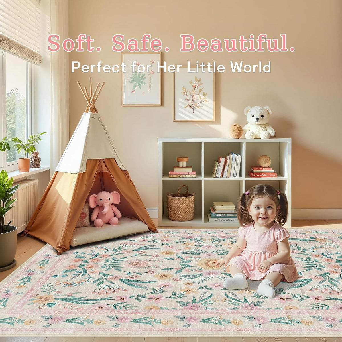 5x7 Pink Floral Nursery Rug,Pink Rugs for Bedroom Girls,Machine Washable Non Slip Soft Faux Wool Carpet,Cute Boho Indoor Area Rugs for Kids Room or Playroom