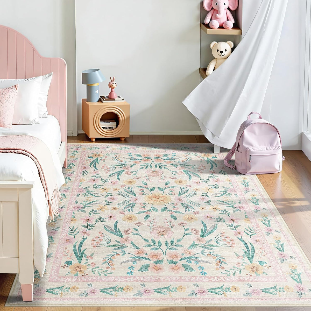 5x7 Pink Floral Nursery Rug,Pink Rugs for Bedroom Girls,Machine Washable Non Slip Soft Faux Wool Carpet,Cute Boho Indoor Area Rugs for Kids Room or Playroom