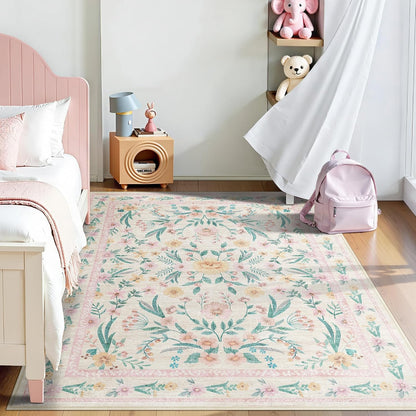 5x7 Pink Floral Nursery Rug,Pink Rugs for Bedroom Girls,Machine Washable Non Slip Soft Faux Wool Carpet,Cute Boho Indoor Area Rugs for Kids Room or Playroom