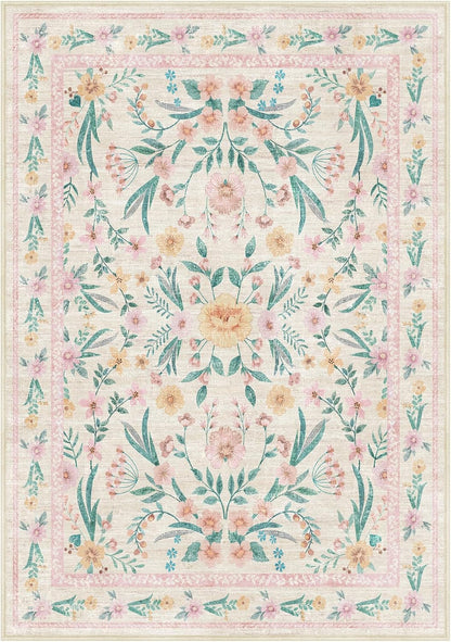 5x7 Pink Floral Nursery Rug,Pink Rugs for Bedroom Girls,Machine Washable Non Slip Soft Faux Wool Carpet,Cute Boho Indoor Area Rugs for Kids Room or Playroom