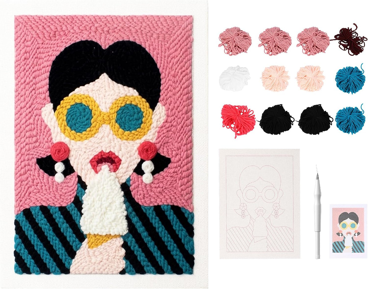 Punch Needle Kit for Adults Beginners, Complete DIY Punch Needle Embroidery Starter Kit with Pre-Printed Pattern, Yarn and Tools, Handmade Wall Art Craft Gift (Pink)
