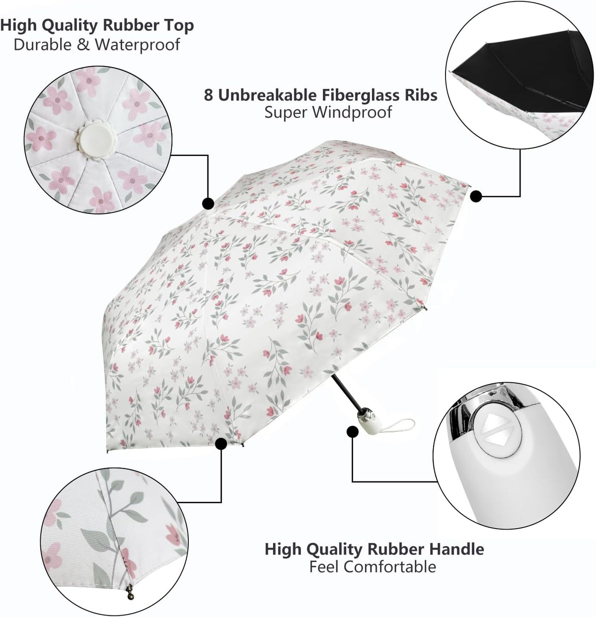 UV Sun Umbrella Compact Folding Umbrella lightweight Portable Manual Travel Umbrella for Rainproof & 99% UV Protection with Black Anti-UV Coating
