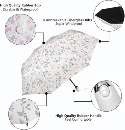 UV Sun Umbrella Compact Folding Umbrella lightweight Portable Manual Travel Umbrella for Rainproof & 99% UV Protection with Black Anti-UV Coating