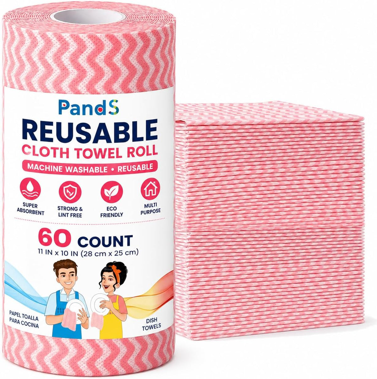 Reusable Paper Towels Roll, Washable Kitchen Cleaning Wipes, 60 Count