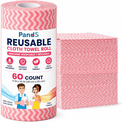 Reusable Paper Towels Roll, Washable Kitchen Cleaning Wipes, 60 Count