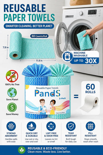 Reusable Paper Towels Roll, Washable Kitchen Cleaning Wipes, 60 Count