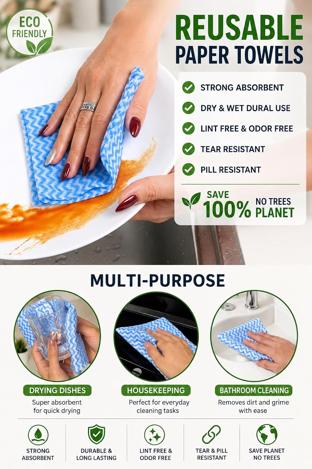 Reusable Paper Towels Roll, Washable Kitchen Cleaning Wipes, 60 Count