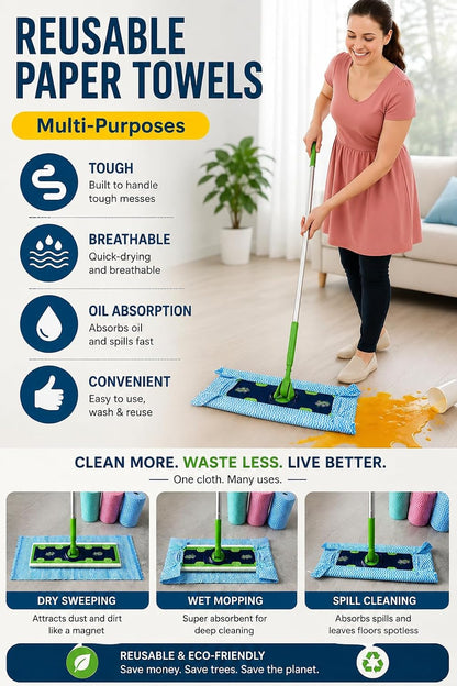 Reusable Paper Towels Roll, Washable Kitchen Cleaning Wipes, 60 Count