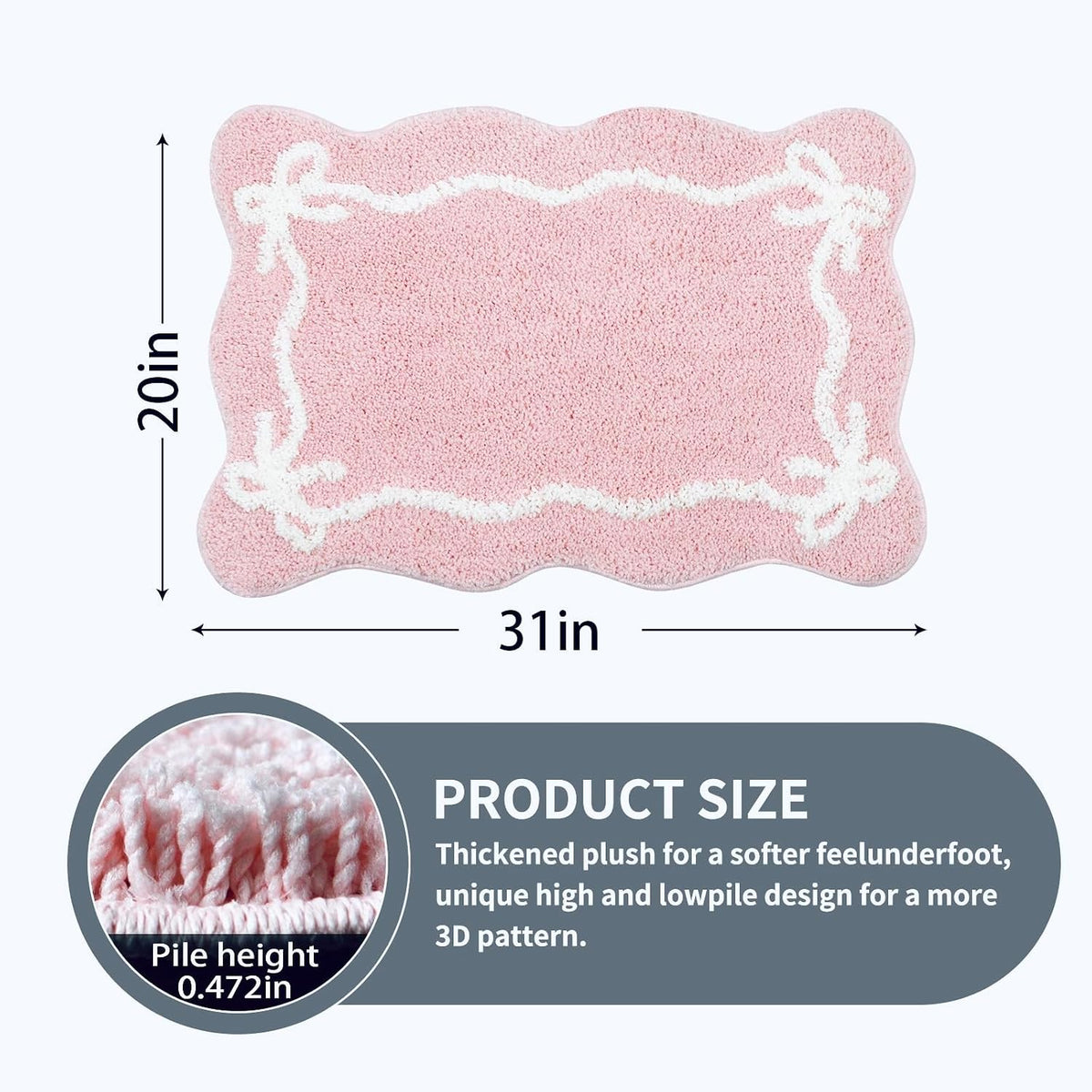 Pink Bow Bath Mat Cute Non Slip Bathroom Rug,Microfiber Super Soft Absorbent Bathroom Mat for Floor, Shower(31x20 inch)