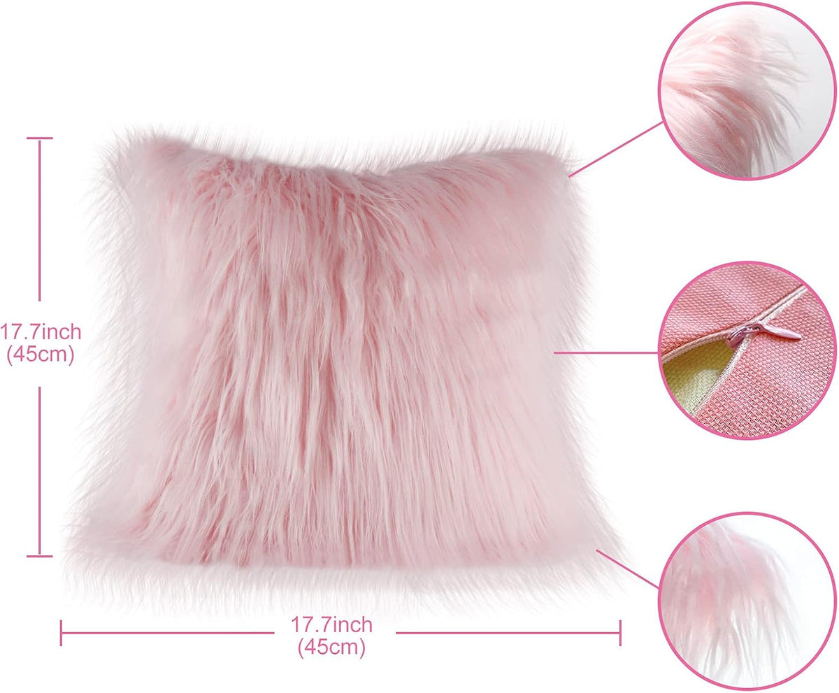 18x18 Inch Pink Throw Pillows, Set of 2 Faux Fur Pink Pillow Covers