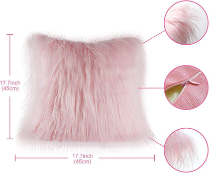 18x18 Inch Pink Throw Pillows, Set of 2 Faux Fur Pink Pillow Covers