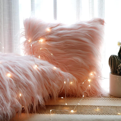 18x18 Inch Pink Throw Pillows, Set of 2 Faux Fur Pink Pillow Covers