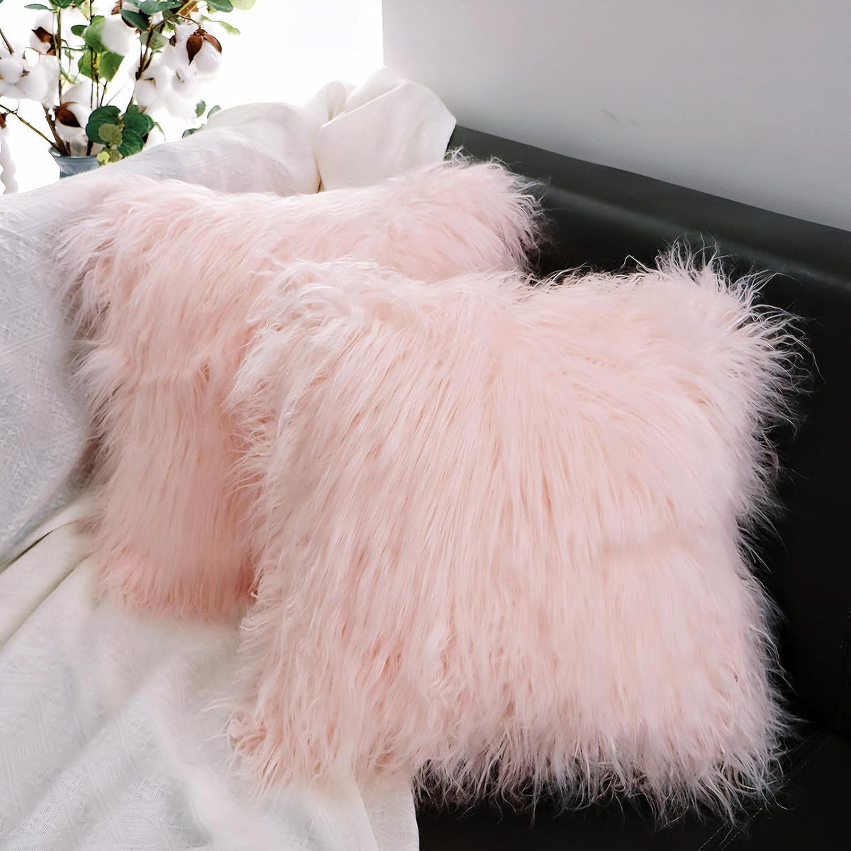 18x18 Inch Pink Throw Pillows, Set of 2 Faux Fur Pink Pillow Covers