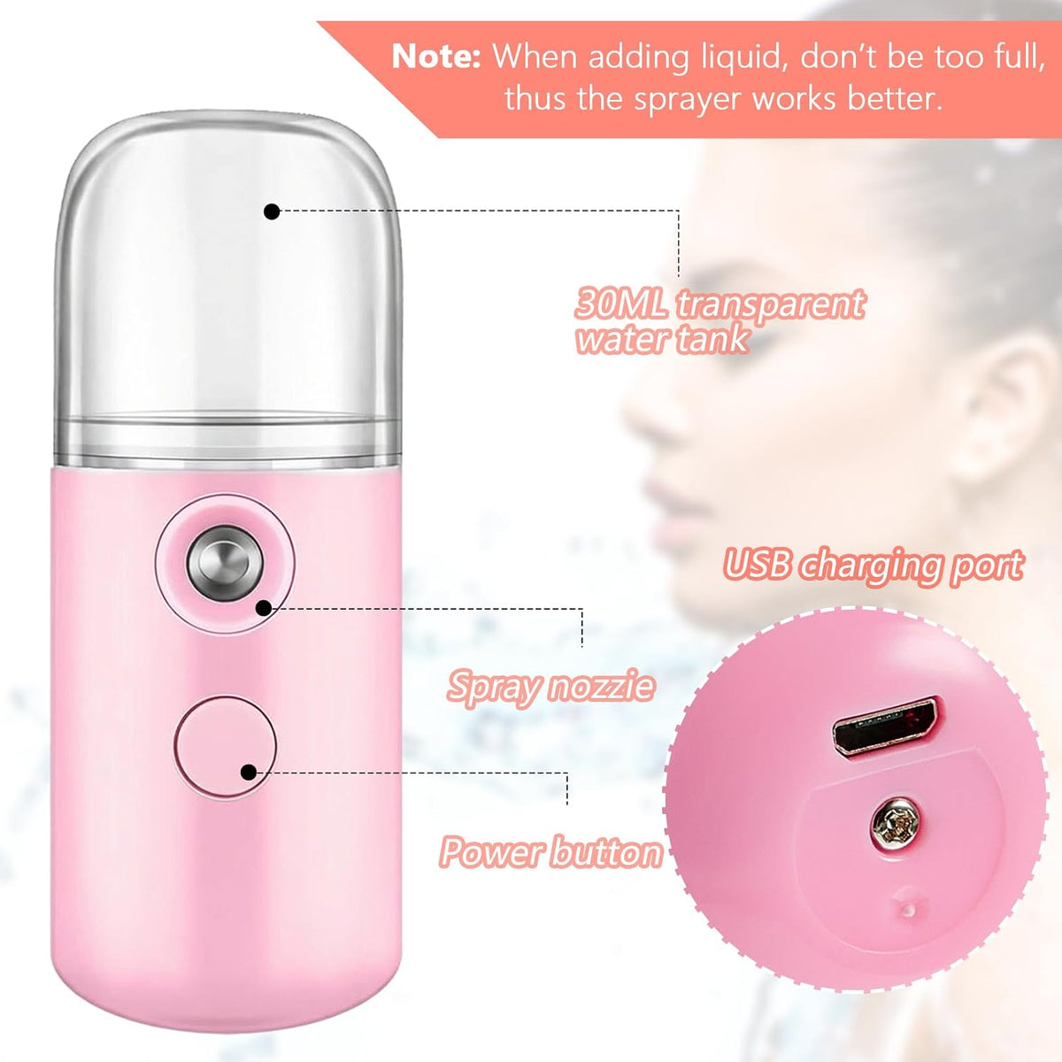 4 Pcs Mini Facial Nano Mist Sprayer, Black, Blue, Light Pink, Pink